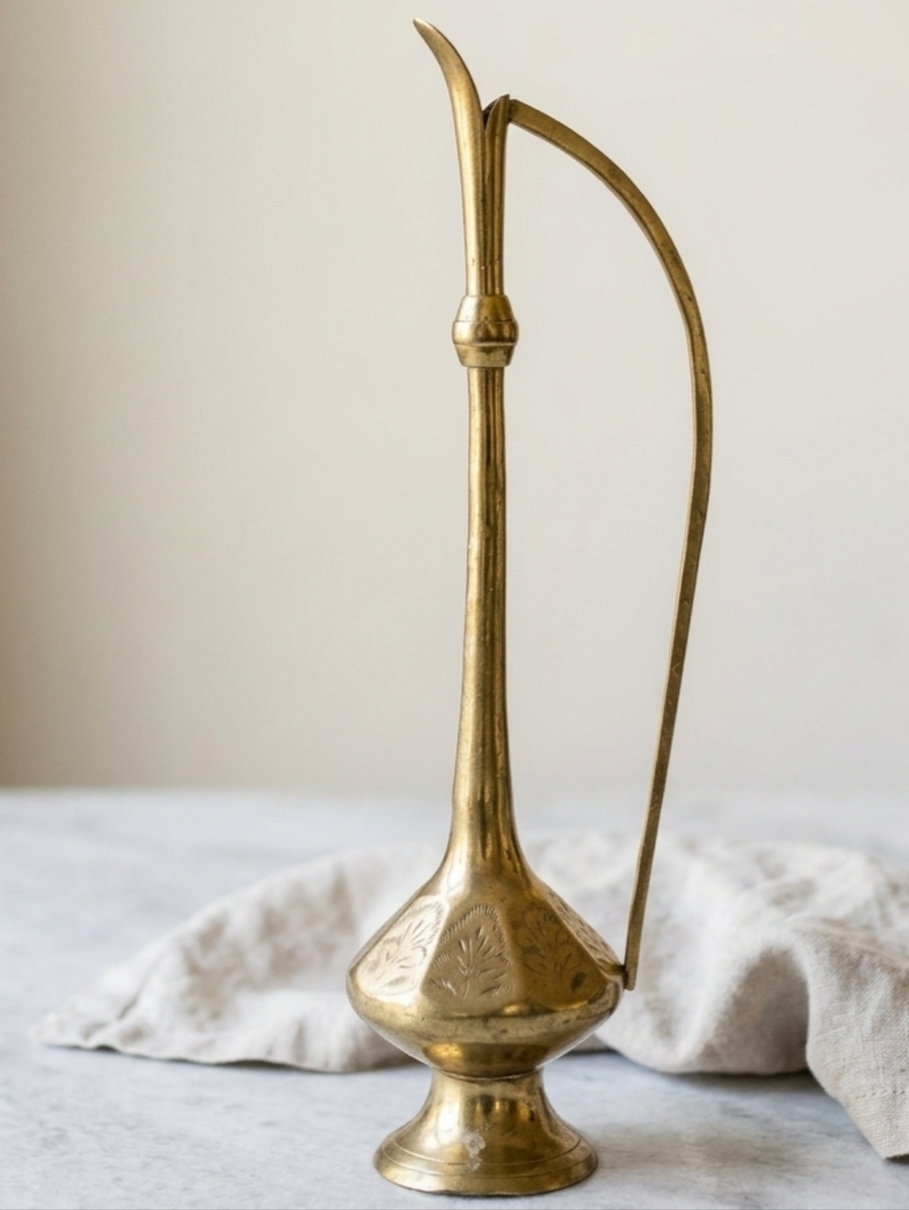 Brass Ewer Pitcher - Tall Decorative Vase in Gold Tone